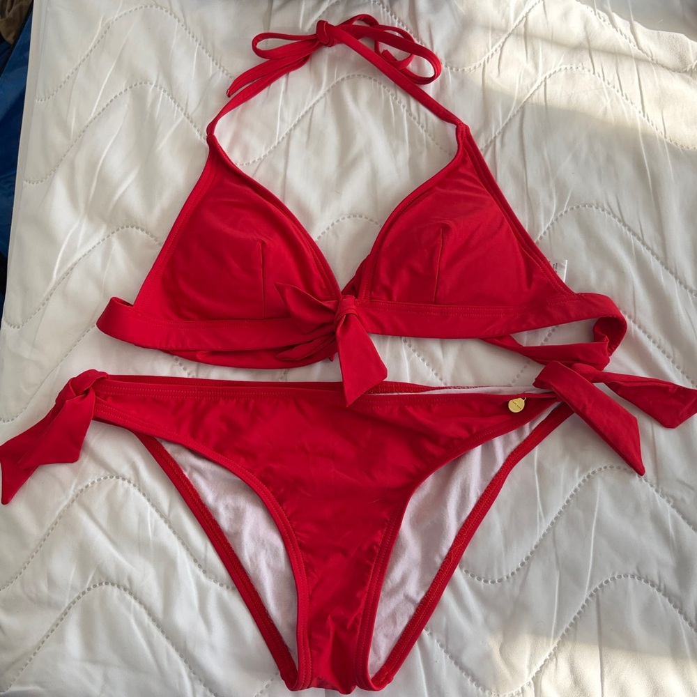 Red Tie-Front Triangle Bikini Set - Women